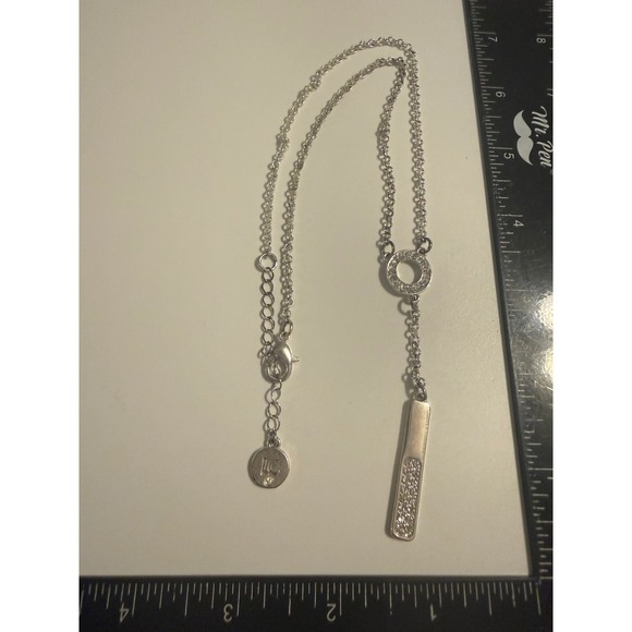 Liz Claiborne Jewelry - Liz Claiborne Silver Tone Pave Circle and Bar‎ Lariat Drop Necklace LC Logo Tag